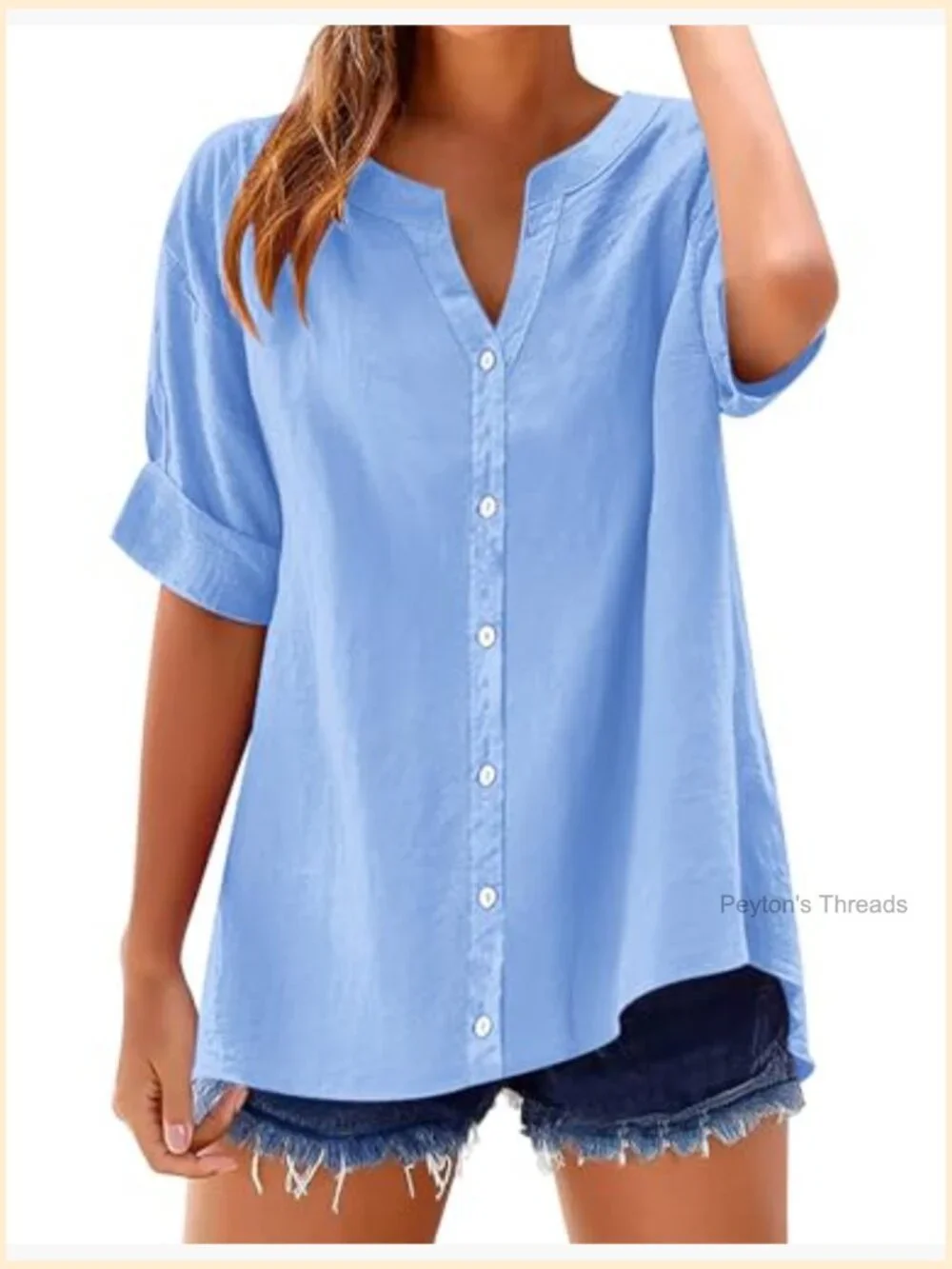 Cotton Linen Button Down Shirt 3/4 Sleeve V Neck Loose Fit Blouse - Picture 2 of 7